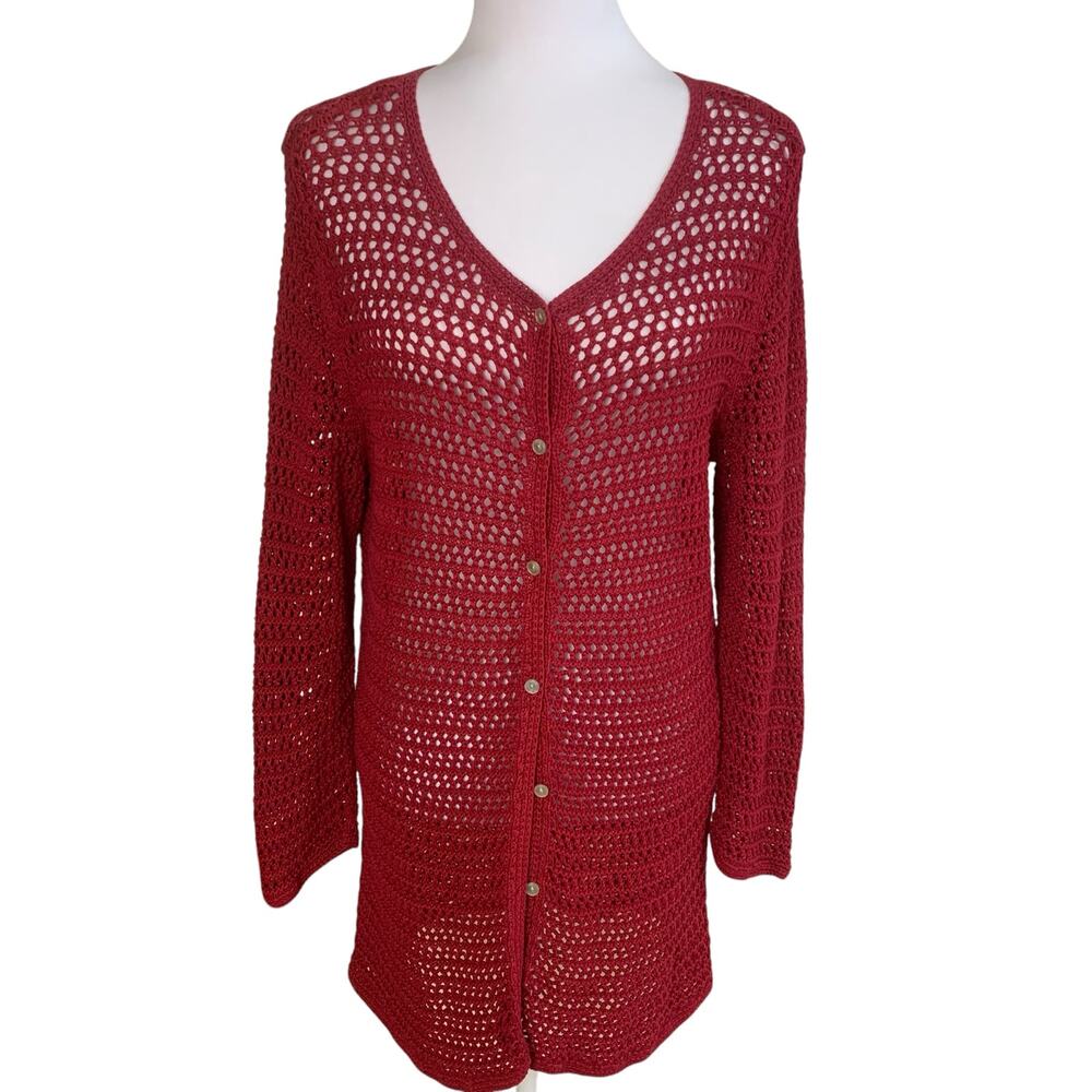 Eddie Bauer Open Knit Button-Front Cardigan - Deep Red
